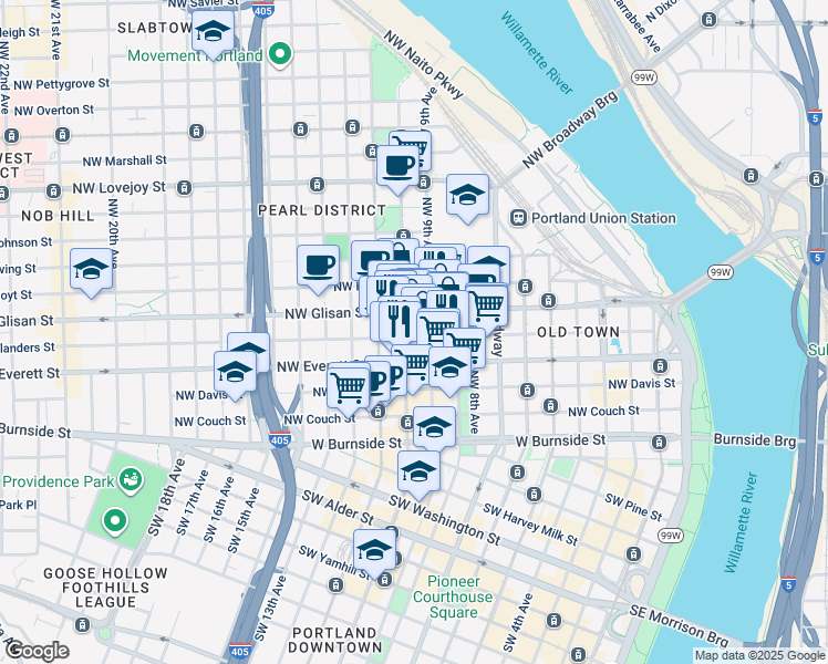map of restaurants, bars, coffee shops, grocery stores, and more near 425 Northwest 9th Avenue in Portland