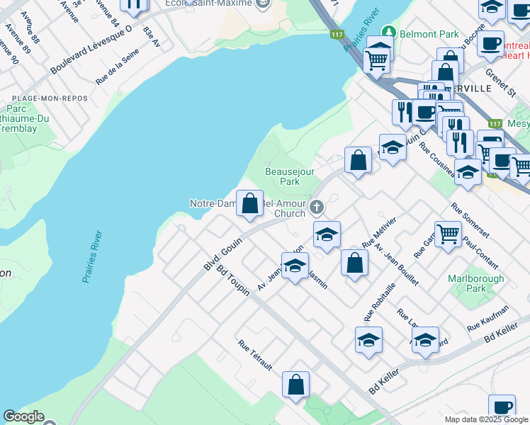map of restaurants, bars, coffee shops, grocery stores, and more near 12350 Rue Olivier in Montréal