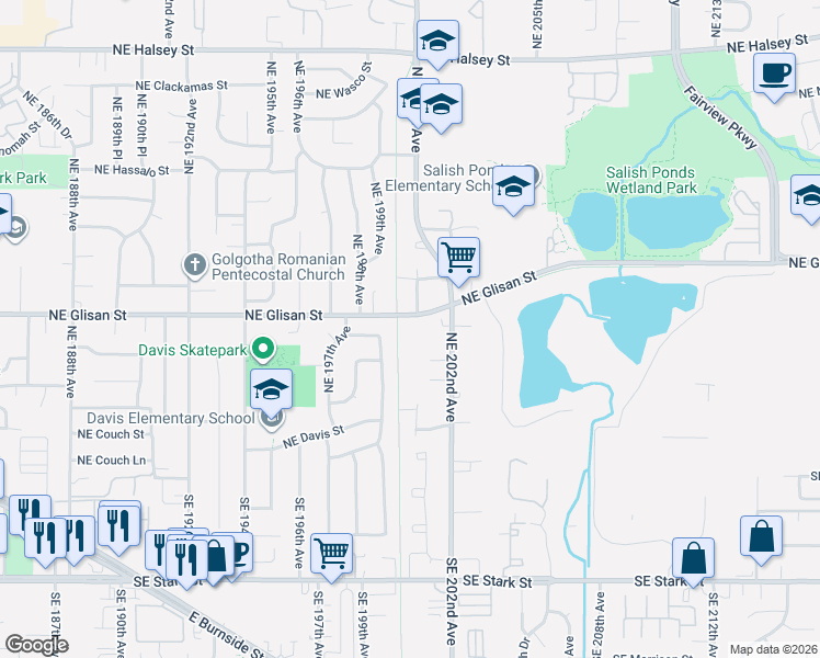 map of restaurants, bars, coffee shops, grocery stores, and more near 19993 Northeast Glisan Street in Portland
