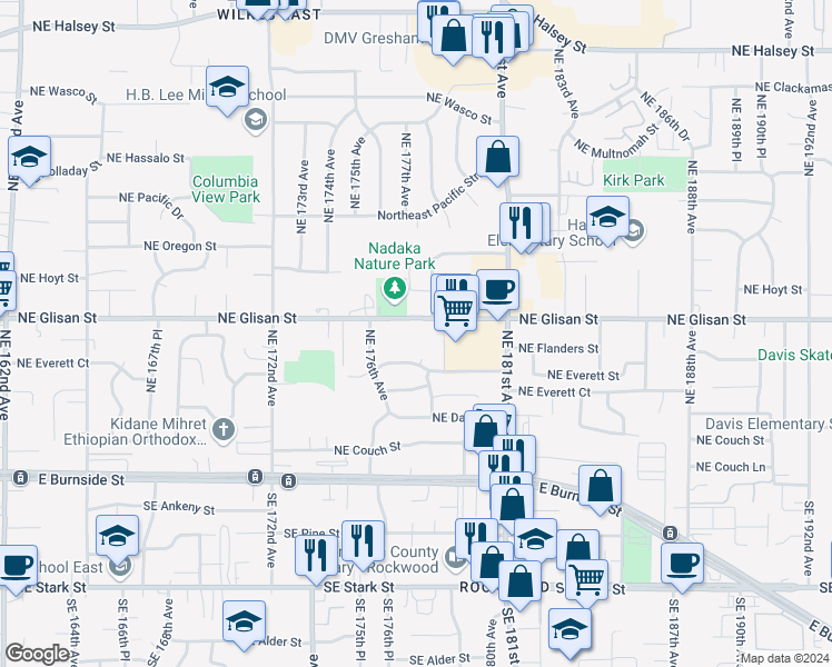 map of restaurants, bars, coffee shops, grocery stores, and more near 17699 Northeast Glisan Street in Portland