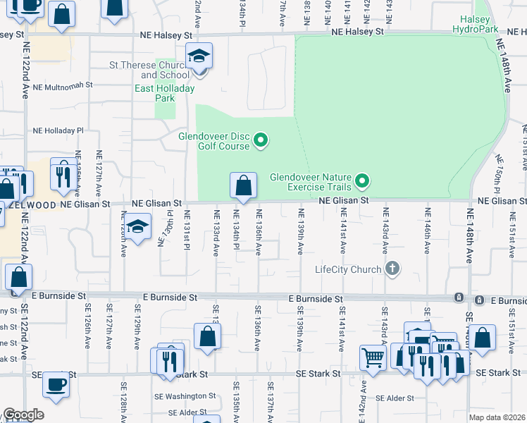 map of restaurants, bars, coffee shops, grocery stores, and more near 438 Northeast 136th Avenue in Portland