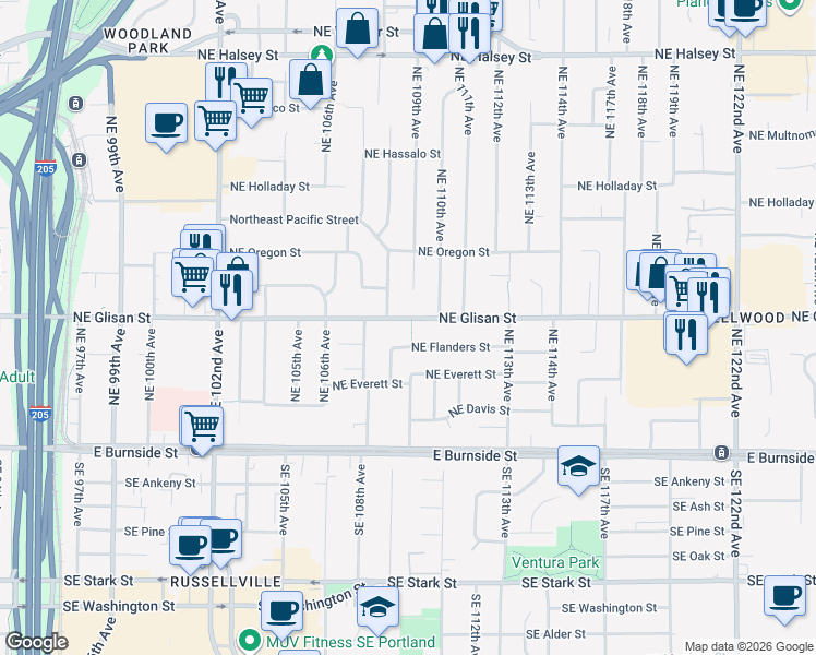 map of restaurants, bars, coffee shops, grocery stores, and more near 10931 Northeast Glisan Street in Portland