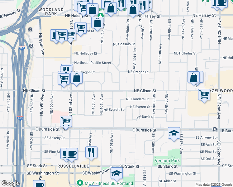 map of restaurants, bars, coffee shops, grocery stores, and more near 521 Northeast 108th Avenue in Portland