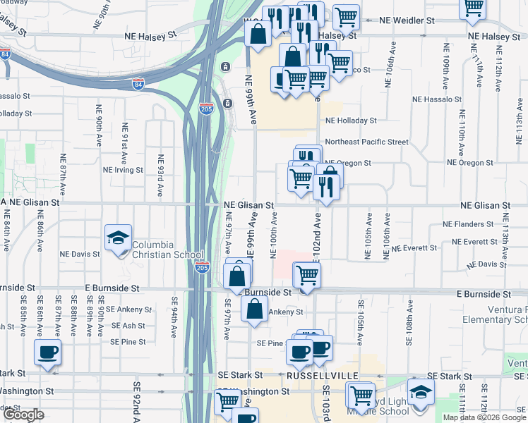map of restaurants, bars, coffee shops, grocery stores, and more near 610 Northeast 99th Avenue in Portland