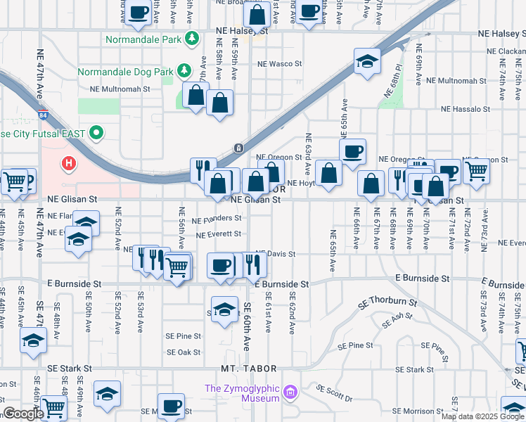 map of restaurants, bars, coffee shops, grocery stores, and more near 6055 Northeast Glisan Street in Portland