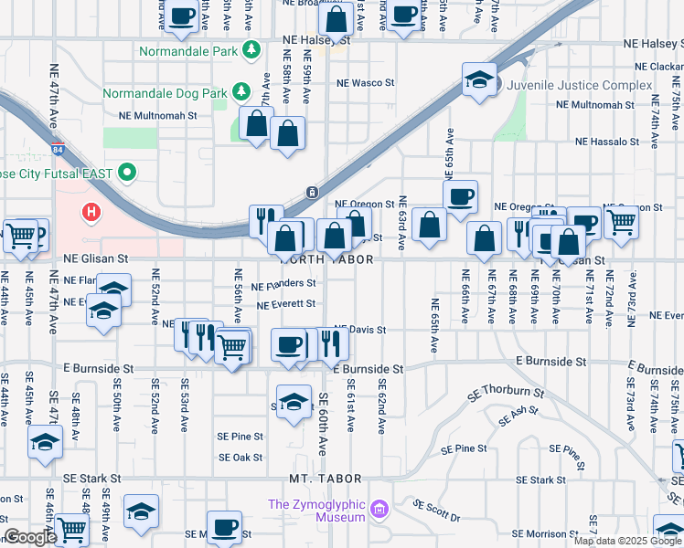 map of restaurants, bars, coffee shops, grocery stores, and more near 6055 Northeast Glisan Street in Portland