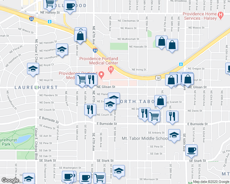 map of restaurants, bars, coffee shops, grocery stores, and more near 4920 Northeast Glisan Street in Portland