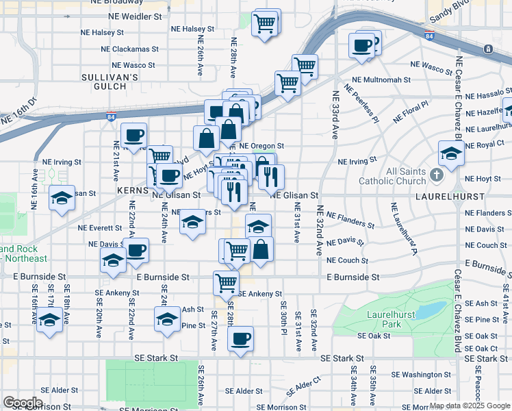 map of restaurants, bars, coffee shops, grocery stores, and more near 502 Northeast 29th Avenue in Portland