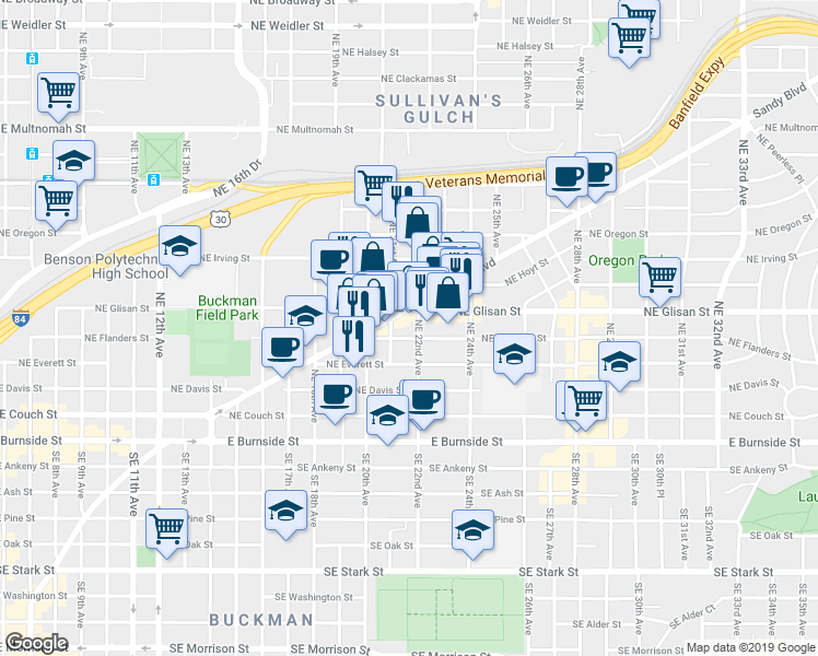 map of restaurants, bars, coffee shops, grocery stores, and more near 2141 Northeast Sandy Boulevard in Portland