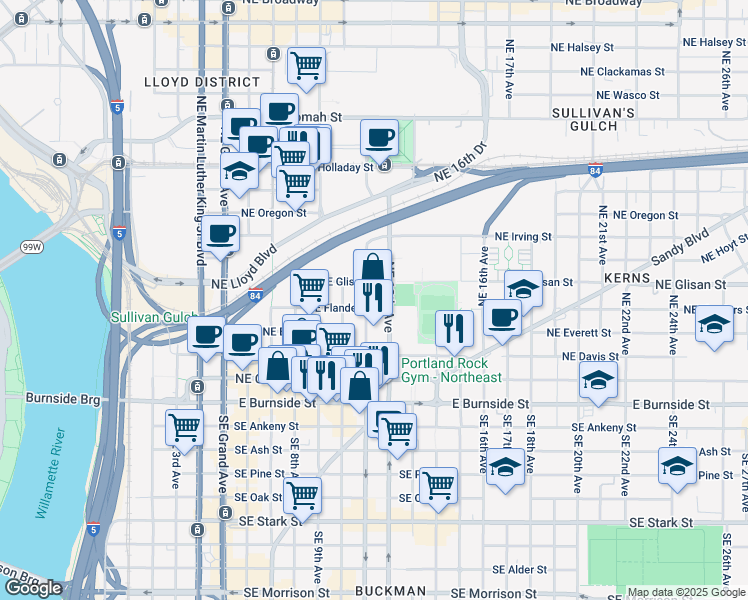 map of restaurants, bars, coffee shops, grocery stores, and more near in Portland