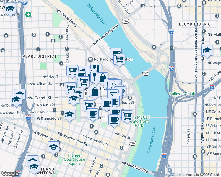 map of restaurants, bars, coffee shops, grocery stores, and more near 606 Northwest Naito Parkway in Portland