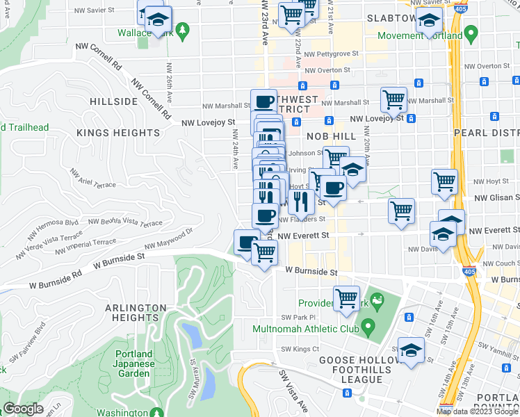 map of restaurants, bars, coffee shops, grocery stores, and more near 513 Northwest 23rd Avenue in Portland