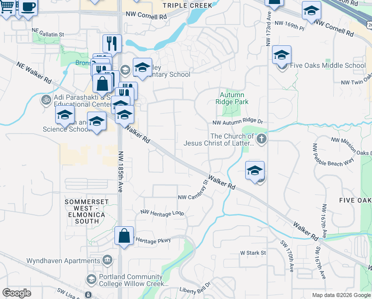 map of restaurants, bars, coffee shops, grocery stores, and more near 17965 Northwest Waterfield Court in Beaverton