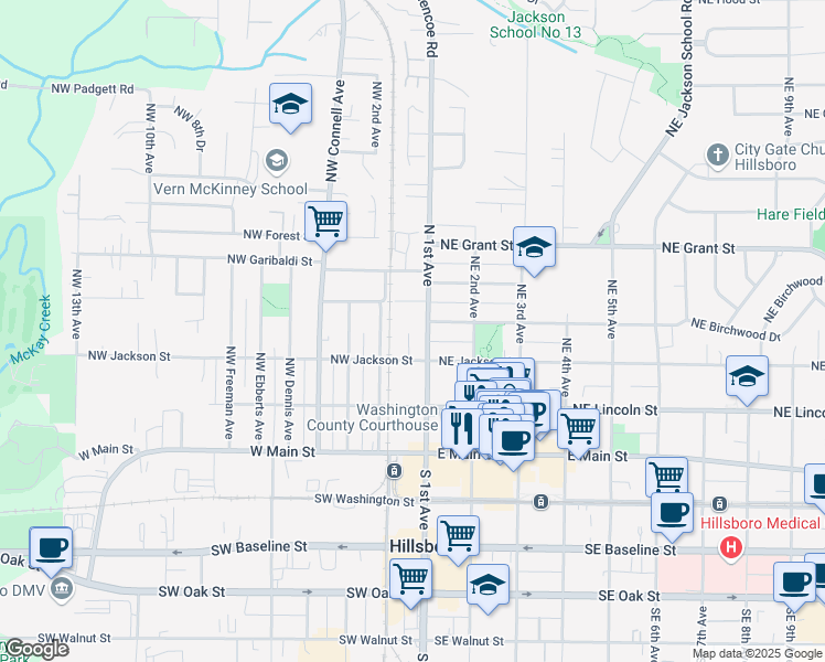 map of restaurants, bars, coffee shops, grocery stores, and more near 194 Northwest Rachel Street in Hillsboro