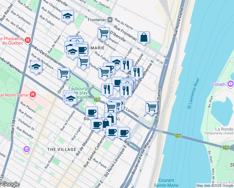 map of restaurants, bars, coffee shops, grocery stores, and more near 2150 Boulevard De Maisonneuve Ouest in Montreal