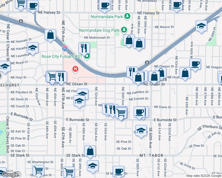 map of restaurants, bars, coffee shops, grocery stores, and more near 5413 Northeast Flanders Street in Portland