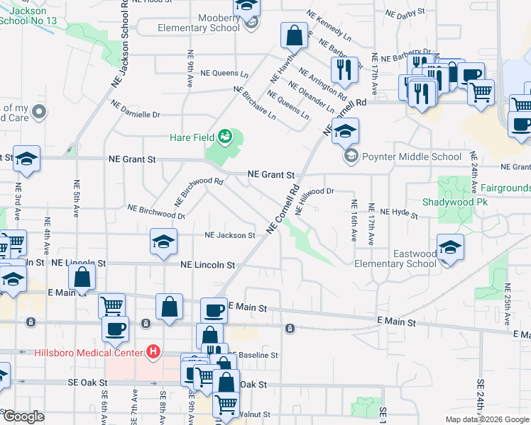 map of restaurants, bars, coffee shops, grocery stores, and more near 1132 Northeast Turner Drive in Hillsboro
