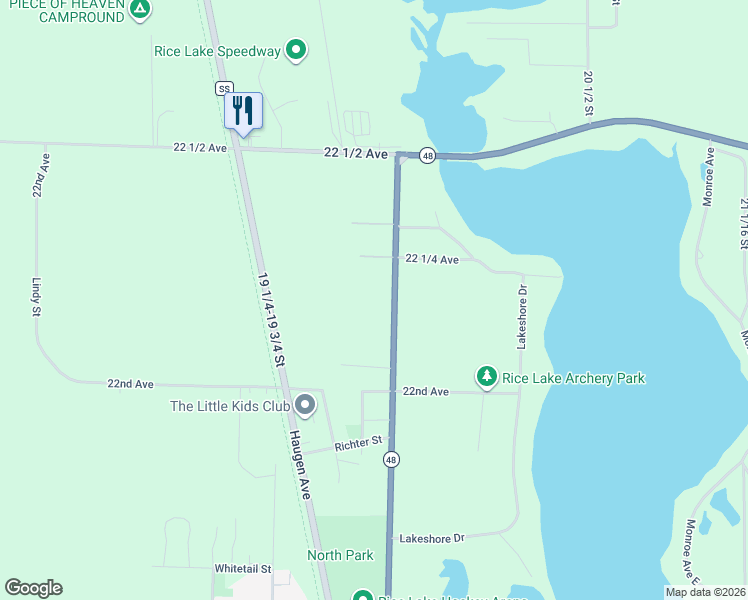 map of restaurants, bars, coffee shops, grocery stores, and more near 2224 20 1/4 Street in Rice Lake