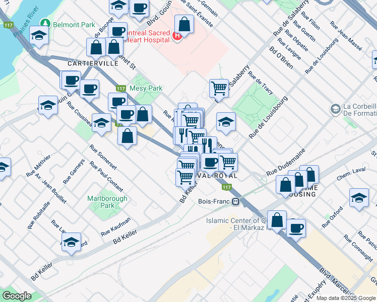 map of restaurants, bars, coffee shops, grocery stores, and more near 11945 Rue Lachapelle in Montreal