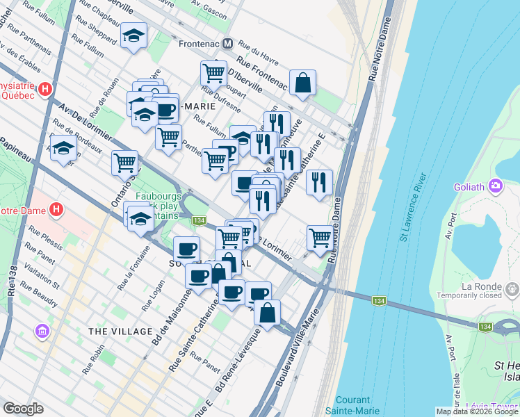map of restaurants, bars, coffee shops, grocery stores, and more near 2160 Rue Laforce in Montréal