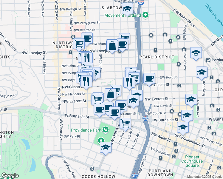 map of restaurants, bars, coffee shops, grocery stores, and more near 1931 Northwest Flanders Street in Portland