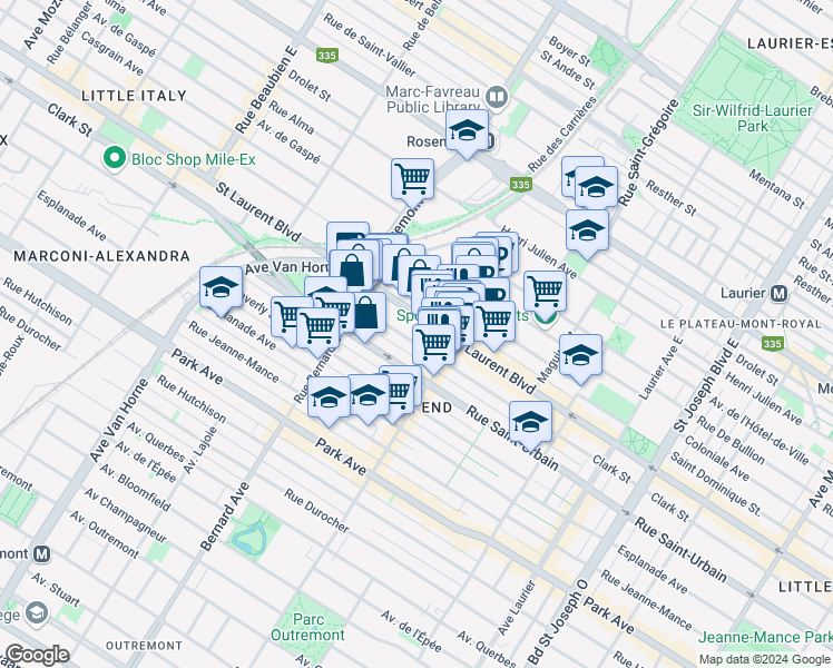 map of restaurants, bars, coffee shops, grocery stores, and more near 5633 Rue Clark in Montréal