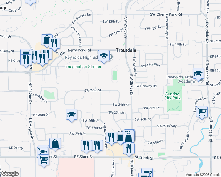 map of restaurants, bars, coffee shops, grocery stores, and more near 1427 Southwest 22nd Street in Troutdale
