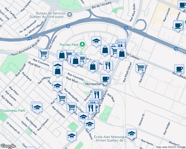 map of restaurants, bars, coffee shops, grocery stores, and more near 1200 Boulevard Jules Poitras in Montreal