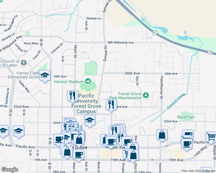 map of restaurants, bars, coffee shops, grocery stores, and more near 2418 Cedar Circle in Forest Grove