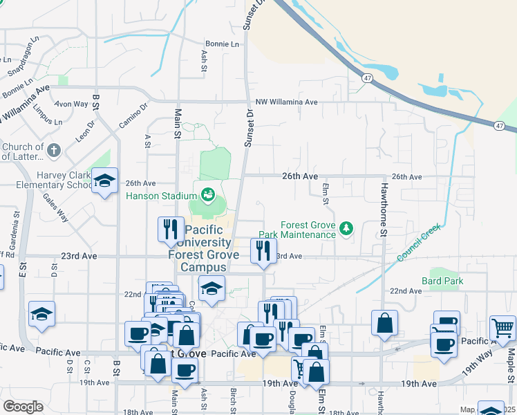 map of restaurants, bars, coffee shops, grocery stores, and more near 2416 Cedar Circle in Forest Grove