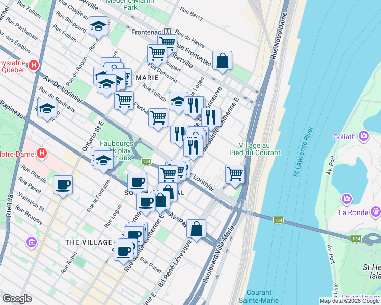 map of restaurants, bars, coffee shops, grocery stores, and more near 2160 Rue Laforce in Montrã©Al