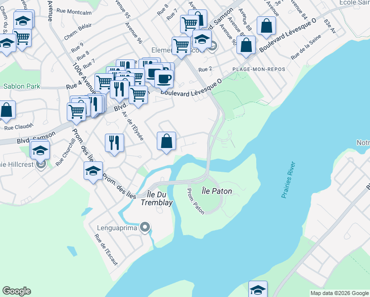 map of restaurants, bars, coffee shops, grocery stores, and more near 4470 Chemin des Cageux in Laval