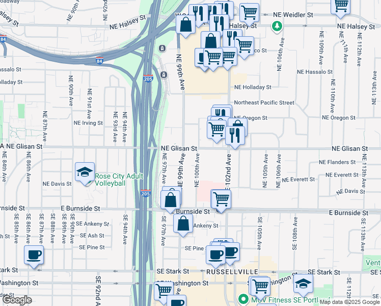 map of restaurants, bars, coffee shops, grocery stores, and more near 9910 Northeast Glisan Street in Portland