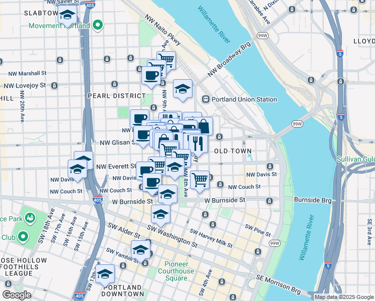 map of restaurants, bars, coffee shops, grocery stores, and more near 725 Northwest Flanders Street in Portland