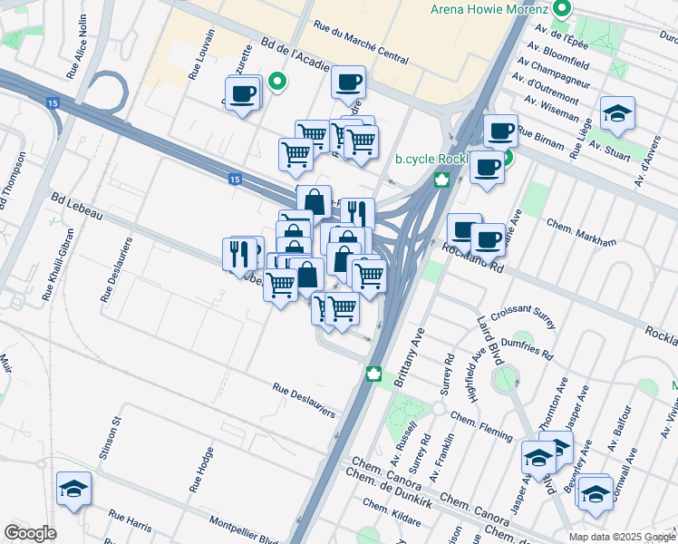map of restaurants, bars, coffee shops, grocery stores, and more near 95 Rue Gince in Montreal