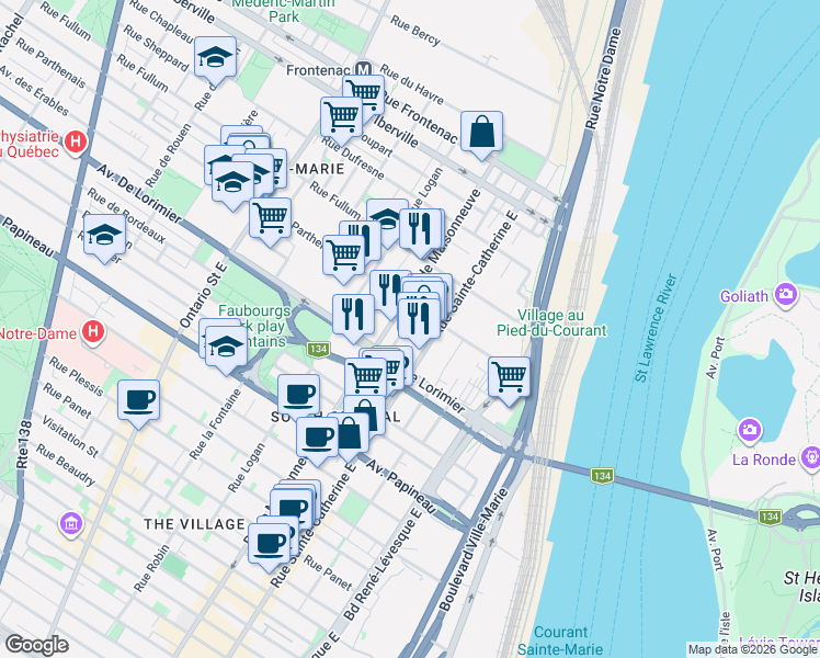 map of restaurants, bars, coffee shops, grocery stores, and more near 2160 Rue Laforce in Montrã©Al
