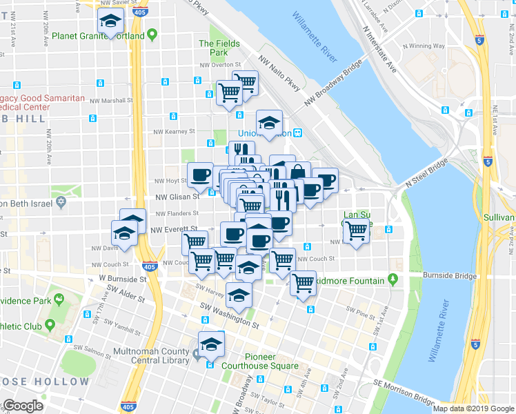 map of restaurants, bars, coffee shops, grocery stores, and more near 411 Northwest Park Avenue in Portland