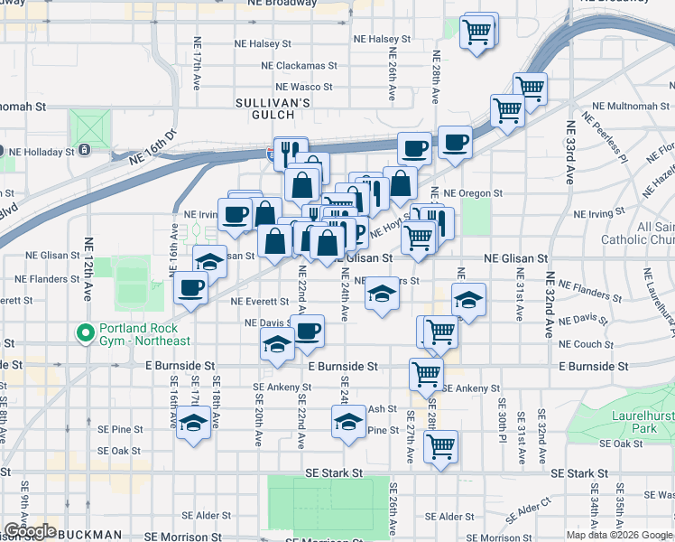 map of restaurants, bars, coffee shops, grocery stores, and more near 2325 Northeast Flanders Street in Portland