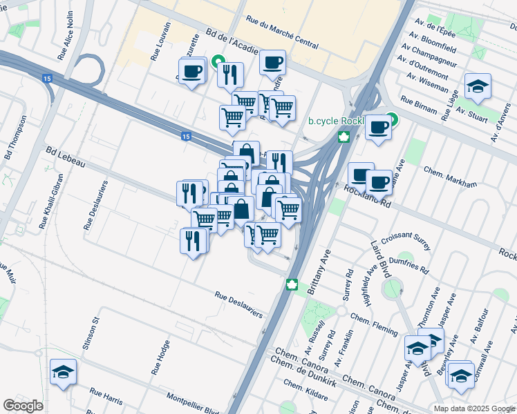 map of restaurants, bars, coffee shops, grocery stores, and more near 95 Rue Gince in Montréal