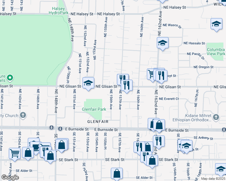map of restaurants, bars, coffee shops, grocery stores, and more near 15631 Northeast Glisan Street in Portland