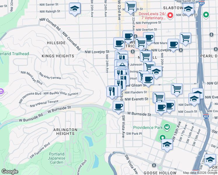 map of restaurants, bars, coffee shops, grocery stores, and more near 2386 Northwest Glisan Street in Portland