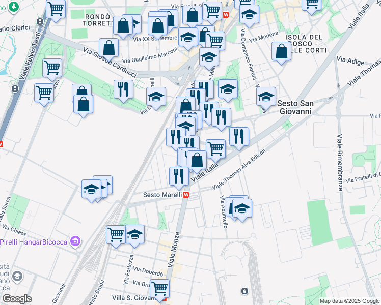 map of restaurants, bars, coffee shops, grocery stores, and more near 22 Via Gorizia in Sesto San Giovanni
