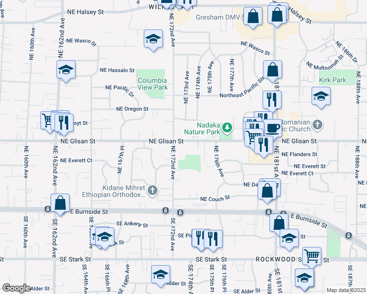 map of restaurants, bars, coffee shops, grocery stores, and more near 17256 Northeast Glisan Street in Portland