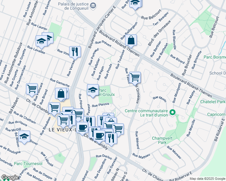 map of restaurants, bars, coffee shops, grocery stores, and more near 270 Rue Toulouse in Longueuil