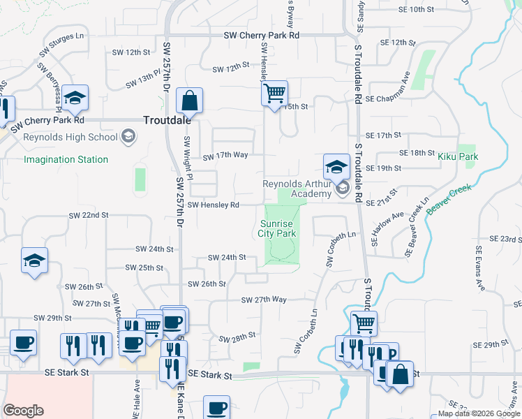 map of restaurants, bars, coffee shops, grocery stores, and more near 722 Southwest 20th Circle in Troutdale
