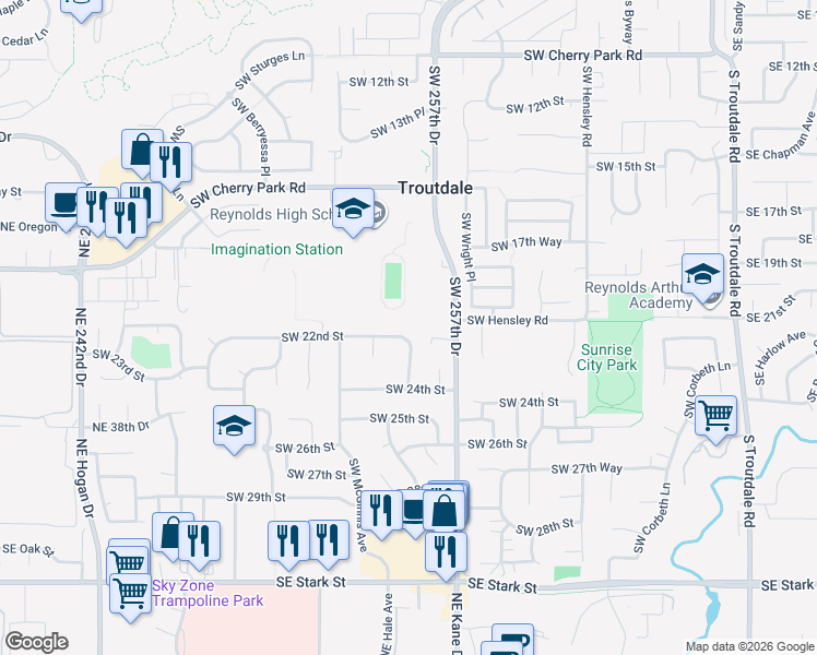 map of restaurants, bars, coffee shops, grocery stores, and more near 2045 Southwest 257th Drive in Troutdale