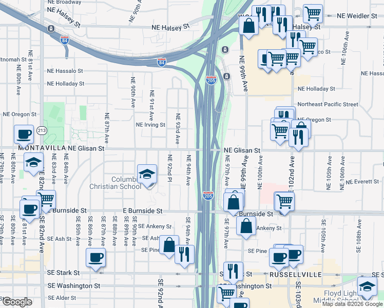 map of restaurants, bars, coffee shops, grocery stores, and more near 502 Northeast 94th Avenue in Portland