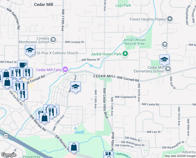 map of restaurants, bars, coffee shops, grocery stores, and more near 11395 Northwest Cornell Road in Portland