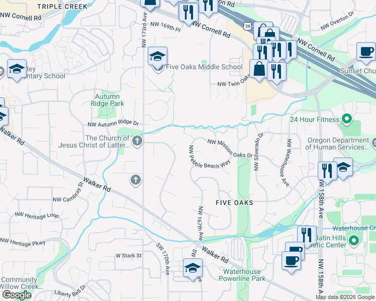 map of restaurants, bars, coffee shops, grocery stores, and more near 930 Northwest 170th Place in Beaverton