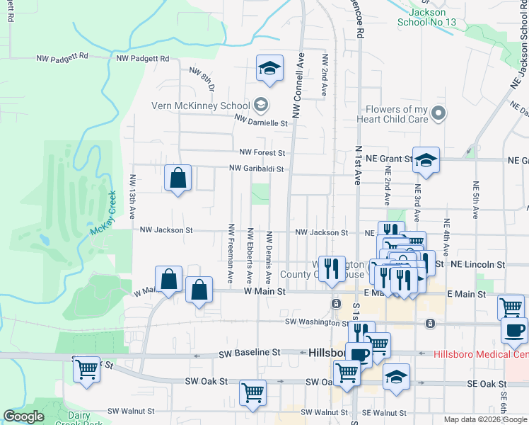 map of restaurants, bars, coffee shops, grocery stores, and more near 377 Northwest Dennis Avenue in Hillsboro